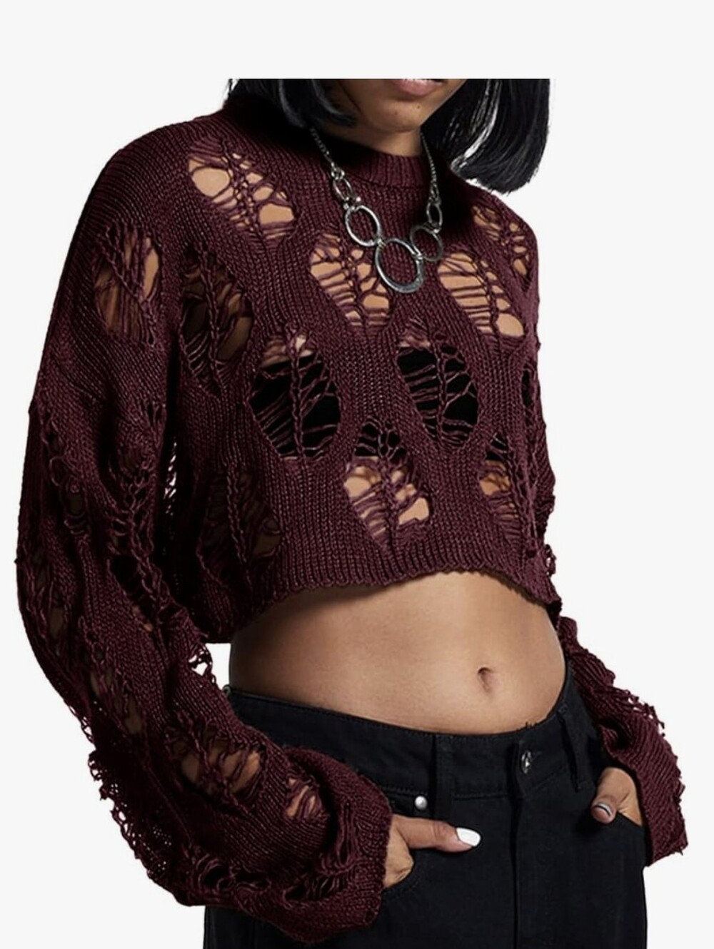 Burgundy Red See Through Rip Crop Top Sweater